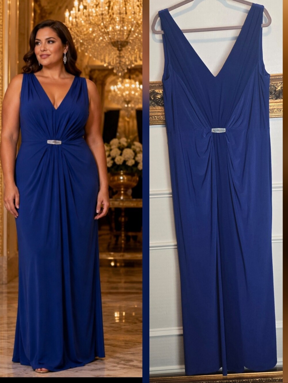 NEW Ralph Lauren Royal Blue V-Neck Evening Gown Size 18 Long Maxi Tall